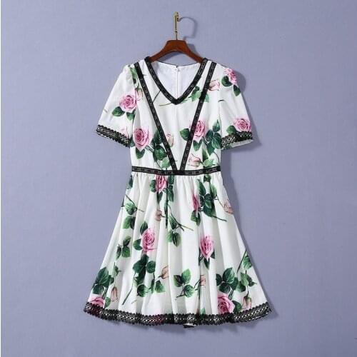 American European womens and dress 2021 summer new styles Short-sleeved v-neck lace Rose printed Fashionable dress