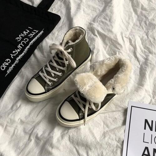 Lovers Winter Shoes Size 35-44 Unisex Gumshoes Thick Fur Lined Plush Warm Sneakers Army Green All Match Basic Style Canvas Shoes