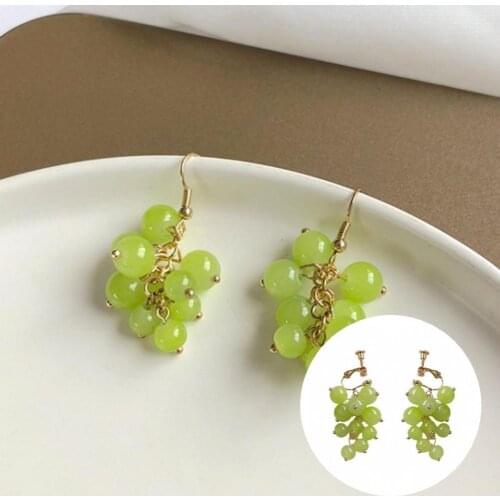 Resin 1 Pair Charming Grape Dangle Earrings Ear Clip Green Hook Earrings Creative for Holiday