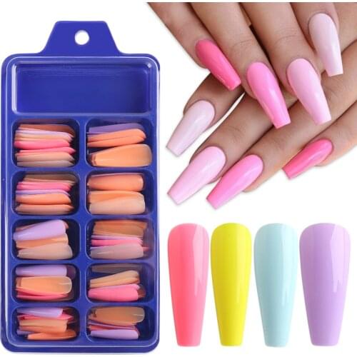100pc/Box Coffin Fake Nails Acrylic Press On Manicure Tips Colorful False Fingernail Builder Almond Artificial Nails Tool BE1895
