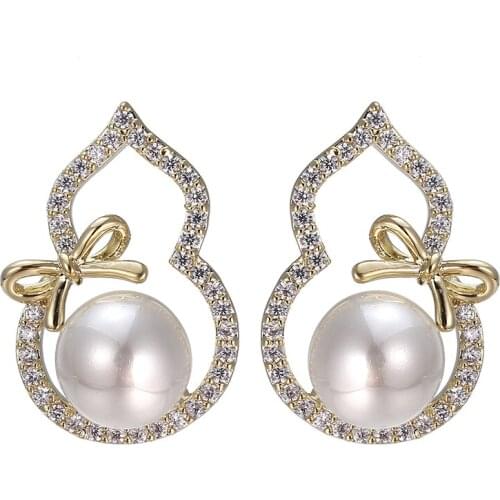 ONYSS 2021 Women Trend Earrings Luxury Cucurbit Bowknot Shape Fashion Pearl 3A Zircon Steel statement Jewelry Pendant Earrings