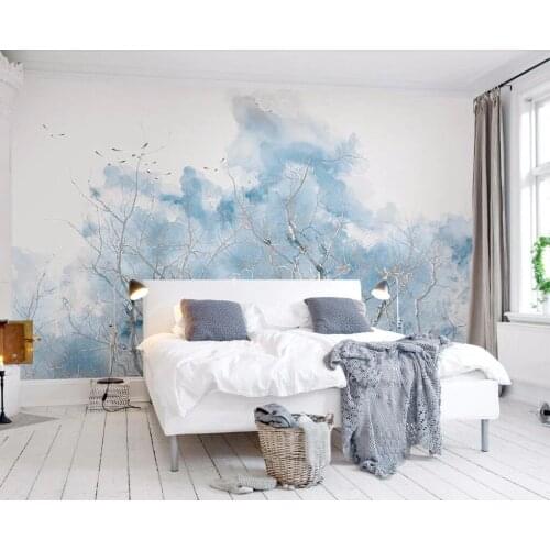 Beibehang Custom wallpaper Pale Blue Nordic Simple Branch Watercolor Bird TV Sofa Background Living Room Bedroom 3d wallpaper