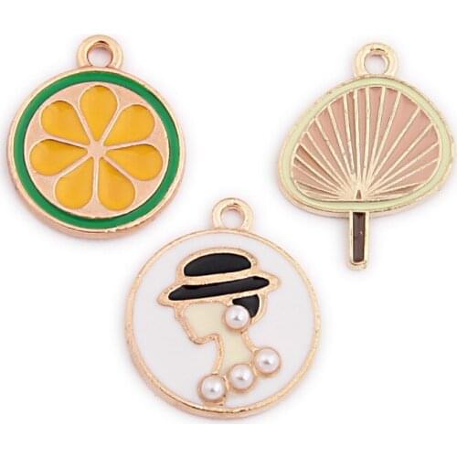 Free Shipping 80pcs Gold Tone Plated Zinc Alloy Enamel Charms Cute Lemon Fruit Summer Fun Pearl Women Head Round Earring Pendant