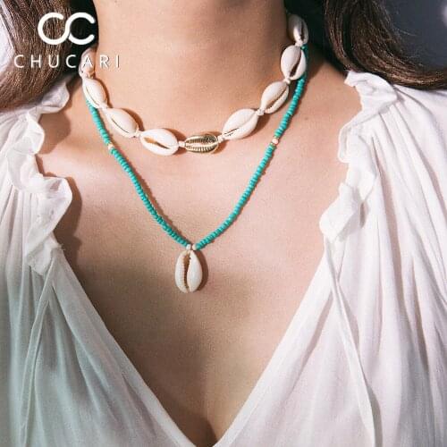 CHUCARI Double Layers Blue Rope Boho Shell Pendant Necklace Women Long Chain Charm Statement Choker Collares Necklace Bohemia