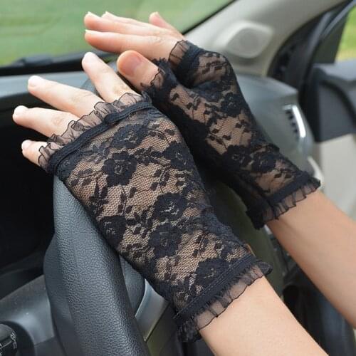 Floral Lace Fingerless Gloves Women Girls Sexy Black Sheer Mittens White Khaki Short Thin Sunscreen Glove Ladies Driving Party