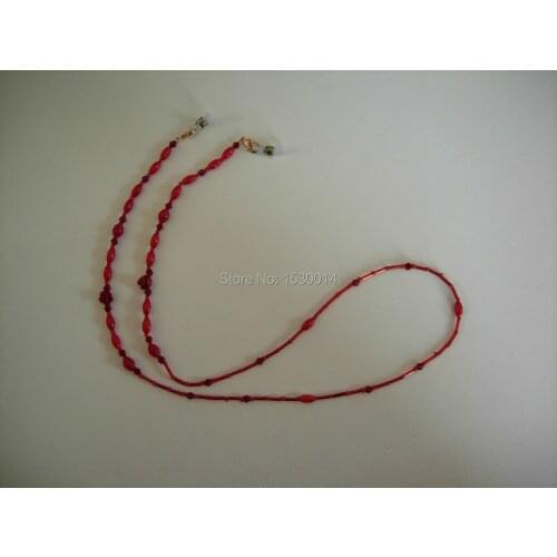 Red beaded chain lanyard eyeglass holder with natural coral flower