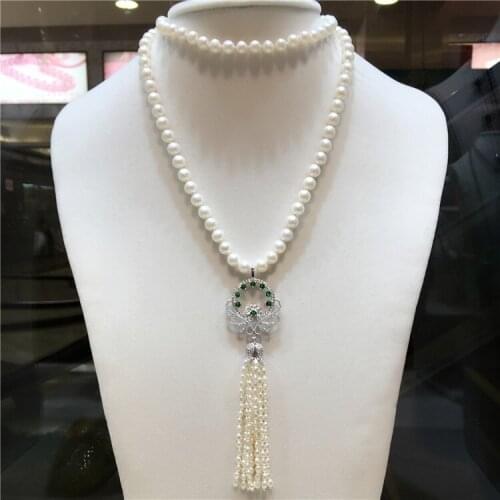 Hand knotted 7-8mm white natural freshwater pearl tassel long sweater chain necklace fashion jewelry