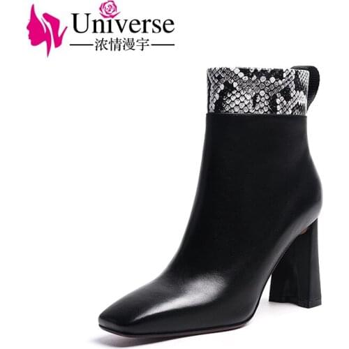 Universe J292 Elegant High Square Heel White/ Black Genuine Leather Ankle Boots