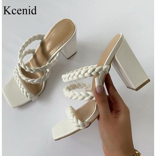 Kcenid Summer Women Braid Sandals Ladies High Heel Slippers White Black Open Toe Thick Heel Fashion Female Slides Summer Shoes