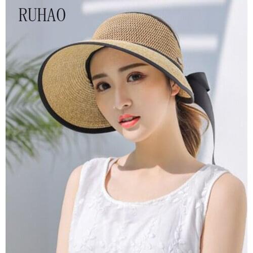 RUHAO Summer Women Straw Sun Hat Girls Ribbon Bow Panma Beach Hat Floppy Female Travel Folding Chapeu wide brim floppy hat