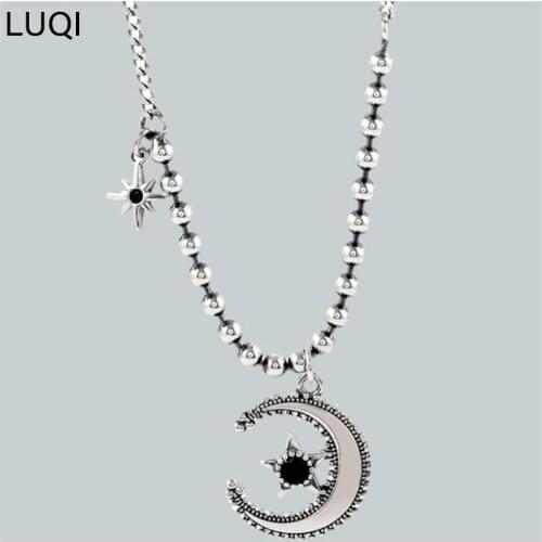 S925 silver fashion simple personality star and moon retro zircon necklace N221