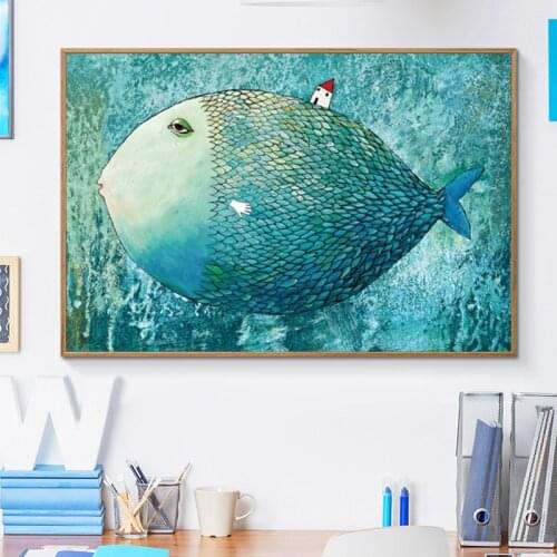 Kids Room Wall Decor Cartoon Fish Canvas Paintings Nordic Style Posters and Print Wall Hanging Pictures Living Room Decoration