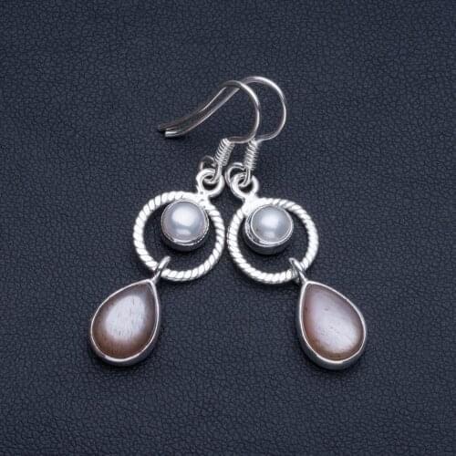 Natural Cat Eye and River Pearl Boho Style 925 Sterling Silver Drop Earrings 1 1/2" R1627