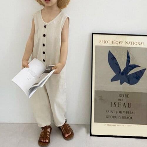 2021 New Korean Style Spring Baby Girls Boys Overalls Pants Solid Color Button Pocket Loose Style Kids Casual Clothes E355