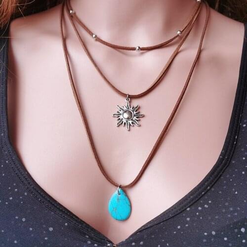 New Handmade Multilayer Leather Choker Necklace for Women Western Style Water Drop Alloy Retro Pendant Necklace Hot Sale Jewelry