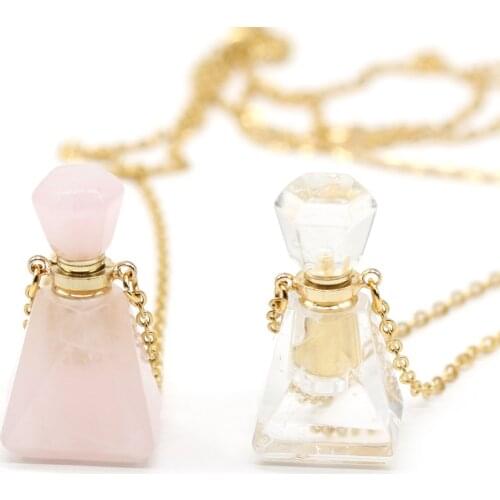 Natural Perfume Bottle Crystal Stone Pendant Necklace Rose Quartzs Essential Oil Diffuser Charm Copper Chain Jewelry Gift