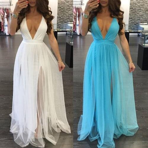 Women Dress Summer Sexy Ladies Solid V-Neck Tulle Tutu Long Maxi Sleeveless Backless Evening Party Beach Sundress Hot Clubwear