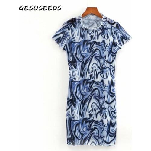 Sexy dress summer short sleeve dresses korean style bodycon dress women tie dye print dresses o neck ruffle mini dress mesh 2021