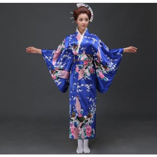 Blue Vintage Japanese Womens Kimono Satin Bath Gown Yukata Dress With Obi Clothing Peafowl One Size WK004