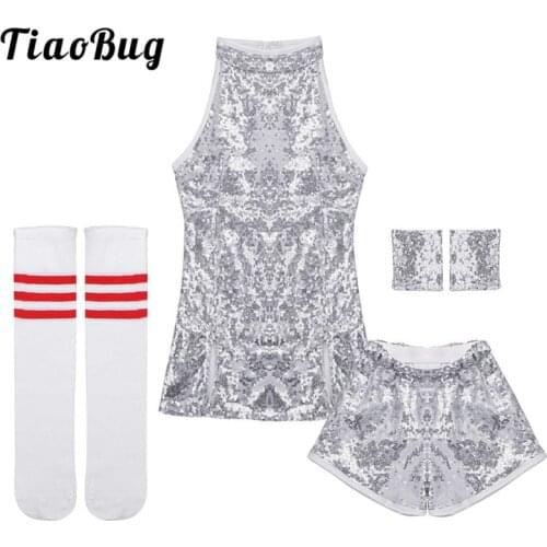 TiaoBug Child Girls Hip-hop Jazz Stage Dance Costume Street Dancing Shiny Sequins Tank Top with Shorts Socks Set Kids Dance Wear