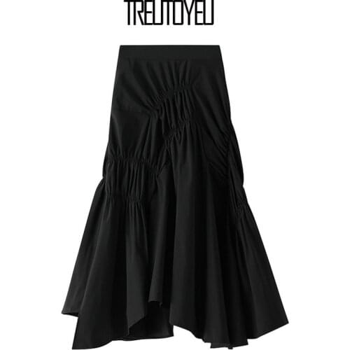 Treutoyeu Design Black Maxi Long Goth Skirt 2020 New Fashion Ruched Mermaid Asymmetric Skirts Womens