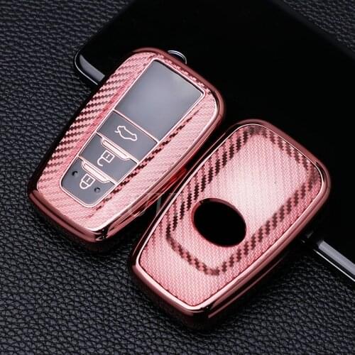 Carbon Grain TPU Car Remote Key Fob case Cover Shell Keychain for 2018 2019 2020 Toyota Camry RAV4 Avalon C-HR Prius Corolla