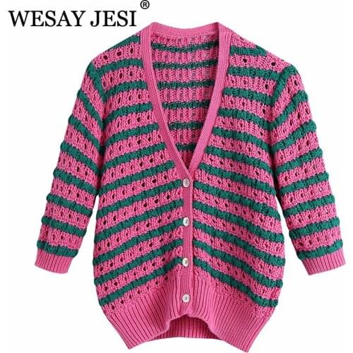WESAY JESI 2021 Spring Womens Coat Cardigan Single-Breasted Striped Print Hollow Out Crochet Knitted Sweater Female Chic Tops