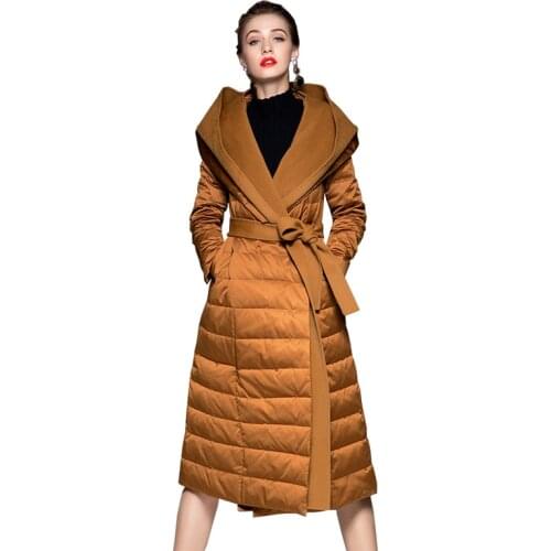 2020 Winter White Duck Down Parka Hooded Women Thick Warm Parkas Long Coat With Belt Outwear Casaco Feminino
