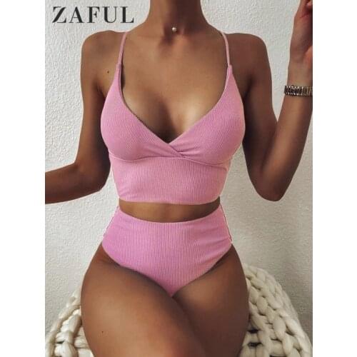 ZAFUL Ribbed Tankini Swimsuit Solid High Waist Bikini Set Women Two Pieces Summer Beach Swimwear Female Sexy Bathing Suit