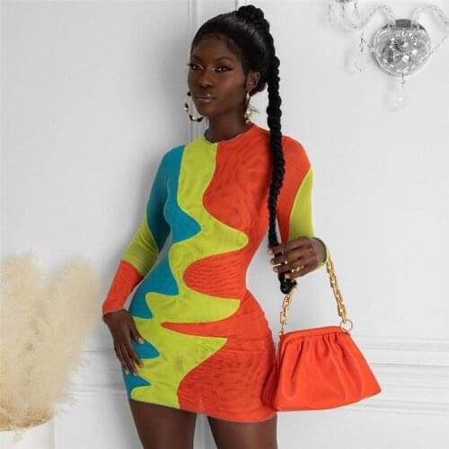 Patchwork Solid Print Personality Fashion 2021 Autumn Female Dress Sexy Gauze Club Party Slim Sheath Long Sleeve Women Dresses