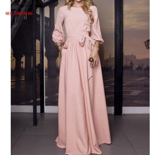 Robe Femme Elegant Party Dress Women Lantern Sleeve O Neck Sashes Solid Dress 2021 New Autumn Maxi Long Dress vestidos de fiesta