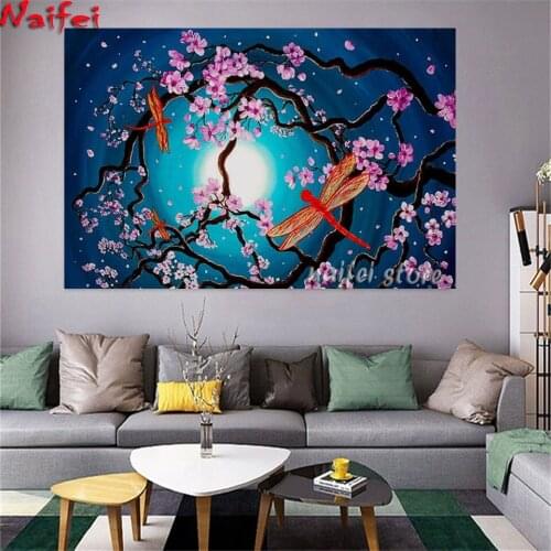5d Diamond Painting Mosaic Full Square Diamond Embroidery Sakura Moon Diamond Painting Flower dragonfly Handicraft Home Decor