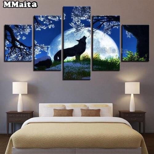 5D DIY diamond embroidery midnight Wolf howl 5 multi-panel diamond painting square diamond painting Christmas gifts GG048