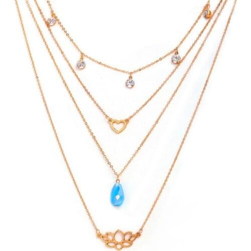 Bohemian Jewelry 2021 New Fashion Love Heart Crystal Multi-layer Necklace Female Wholesale Lotus Flower Shaped Pendant Necklace