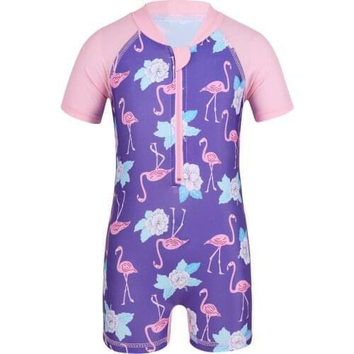 Infant Baby Girl One-piece Swimsuit Swimwear Short Sleeves Flower Flamingo Pattern Printed Rash Guard Toddler Girl Bathing Suit