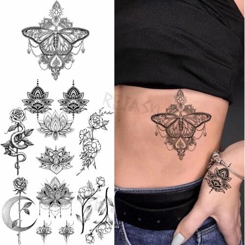 Black Butterfly Moth Lace Henna Sexy Waist Temporary Tattoos For Women Adult Rose Realistic Fake Tattoo Body Art Washable Tatoos