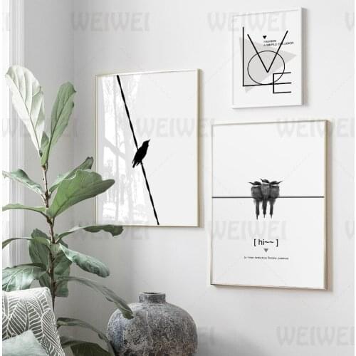 Black and White Home Decoration Painting Bird Standing On The Wire Living Room Wall Canvas Poster Simple Line Text Print Tree
