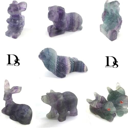 DS 2" Natural Rainbow Fluorite Bear,Owl,Deer, seal,squirrel,Dog carved Quartz Crystal Figurine Healing Reiki Home Decoration