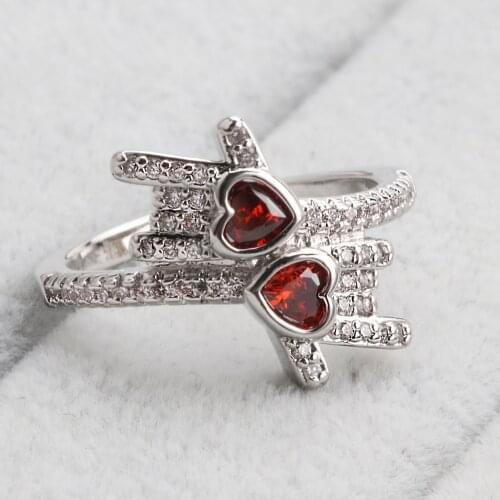 WYJZY Rock Love Red Zircon Ring Rock Gesture Simulation Heart Shaped Stone Micro-inlaid Zircon Group Personality Fashion Jewelry