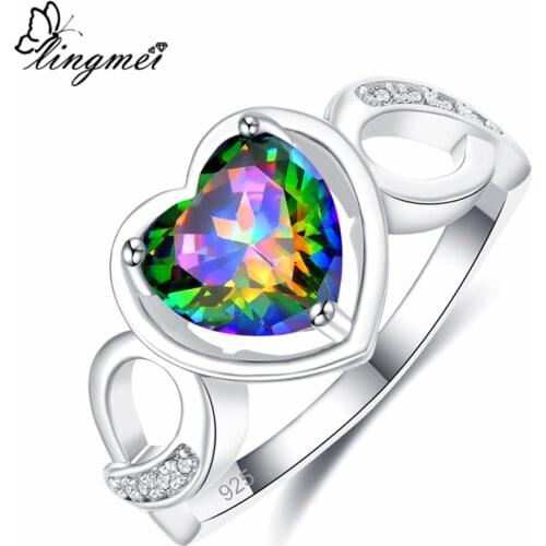 Lingmei Romantic Love Heart Wedding RingsFashion Rainbow Red Zircon Jewelry Silver ColorRing Size 6 7 8 9 Trendy Gifts Party