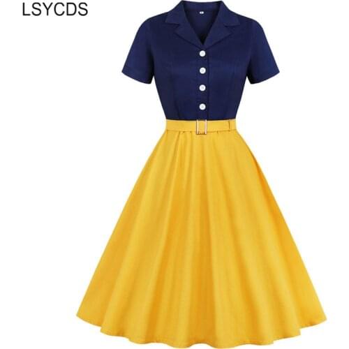 LSYCDS Vintage Elegant Dress Short Sleeve Notched Neck Party Dress Women A Line Belted Rockabilly S-4XL Plus Size Midi Dresses