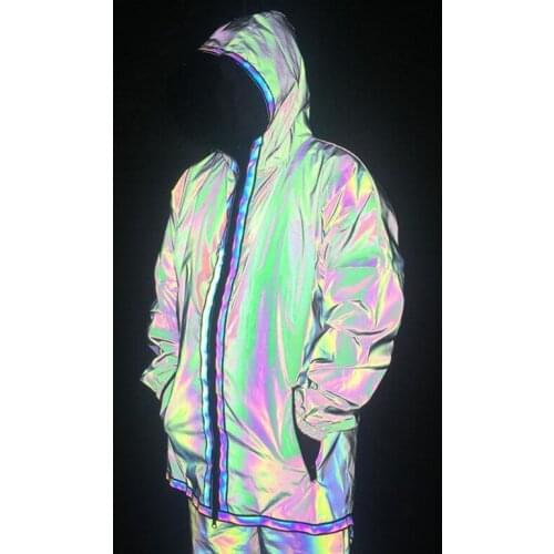 Men Hooded Jackets Streetwear Night Shiny Nightclub Punk Singer Windbreaker Coat 2021 New Colorful Reflective Waterproof Zippe