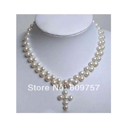 Real natural Freshwater jewelry Charming 2 Rows White Akoya Cultured Pearl Cross Pendant Necklace 18" hook necklaces