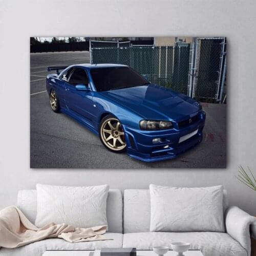 Nissan Skyline GT-R R34 Blue Old Cars Supercar Posters Canvas Printed Home Decor Wall Art Living Room Decorations