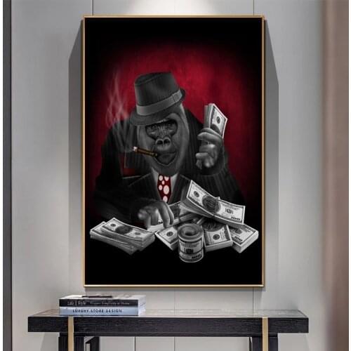 Novelty Smoking Monkey Gorilla Canvas Painting with Dollar Wall Pictures for Living Room Wall Art Posters Prints Home Wall Decor