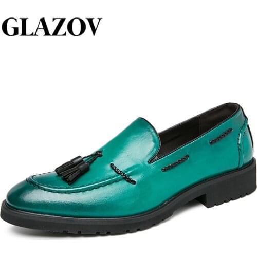 GLAZOV Shoes Italian Mens Dress Shoes Genuine Leather Green Oxfords Men Wedding Shoes Party Whole Cut Formal Shoes for Men