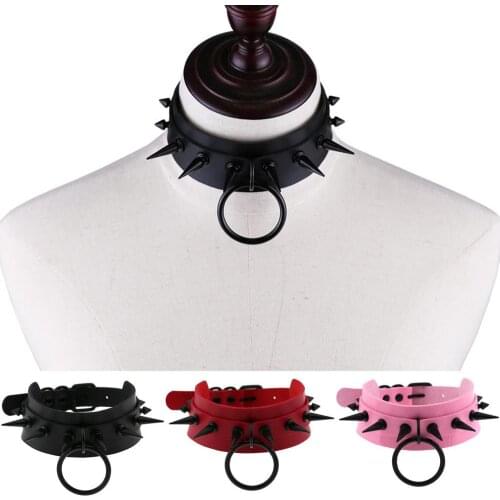 PU leather Wide Punk Big Alloy Black Rivets Circle Pendant Colier Collar Choker Necklace Women Pin Buckle Gift Female Jewelry