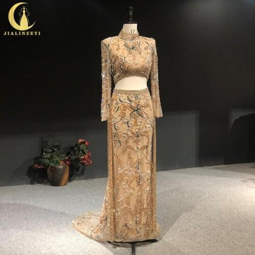 Rhine Real Luxuriou High Neck Gold Beads Crystal Long Sleeves Two Pieces Sexy Mermaid Evening Dress Long вечернее платье 2021