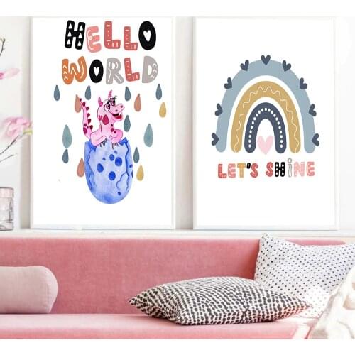 Hello World Bohemian Poster Lets Shine Rainbow Prints Nursery Art Wall Canvas Painting Childrens Room Nordic Home Decoration