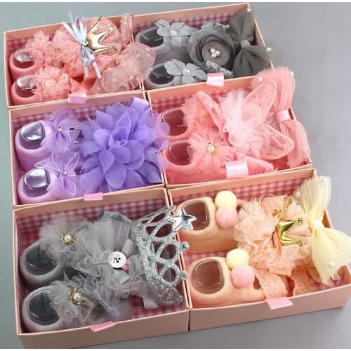 3Pcs/Set Lace Flower Baby Girls Headband Socks Set Crown Bows Newborn Hairband Headbands For Girls Turban Hair Accessories Gifts